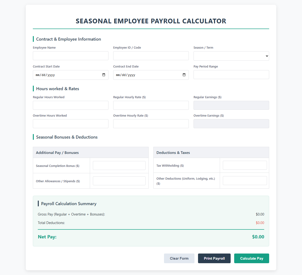Seasonal Employee Payroll Calculator and Template