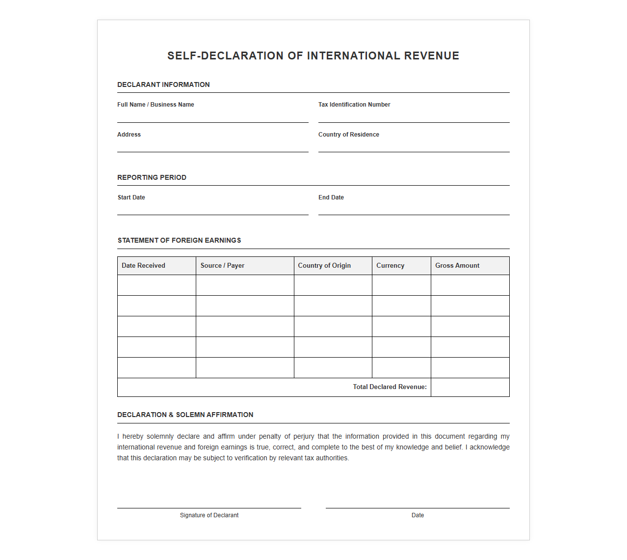 Self-Declaration Template for International Revenue