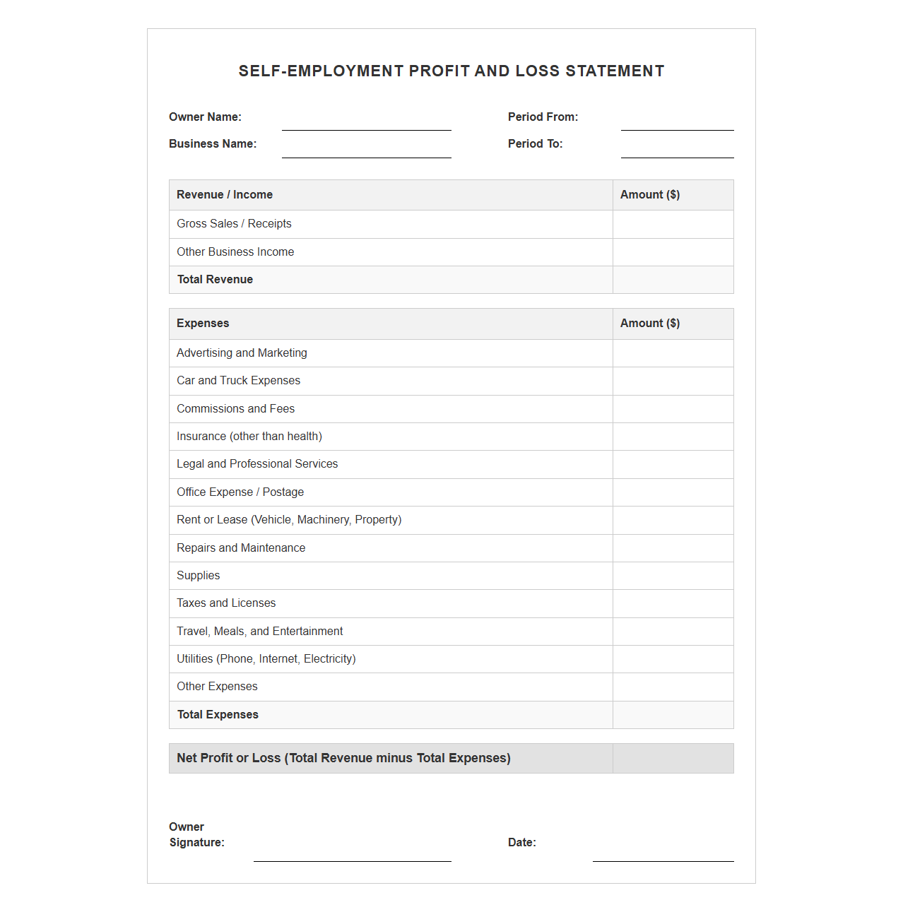 Self-Employment Profit and Loss Statement
