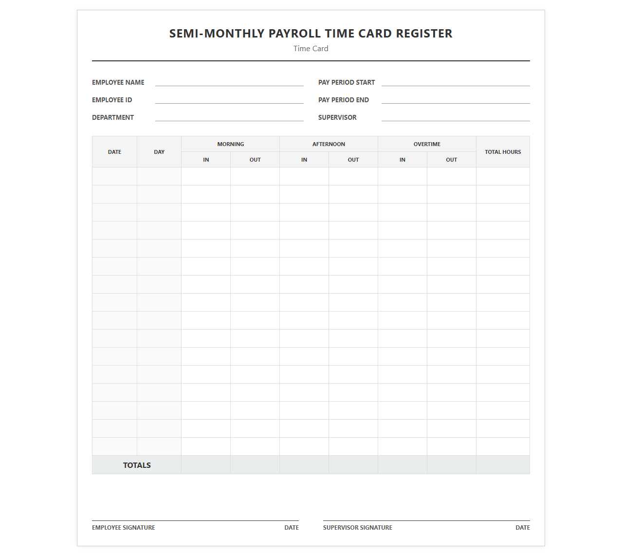 Semi-Monthly Payroll Time Card Register