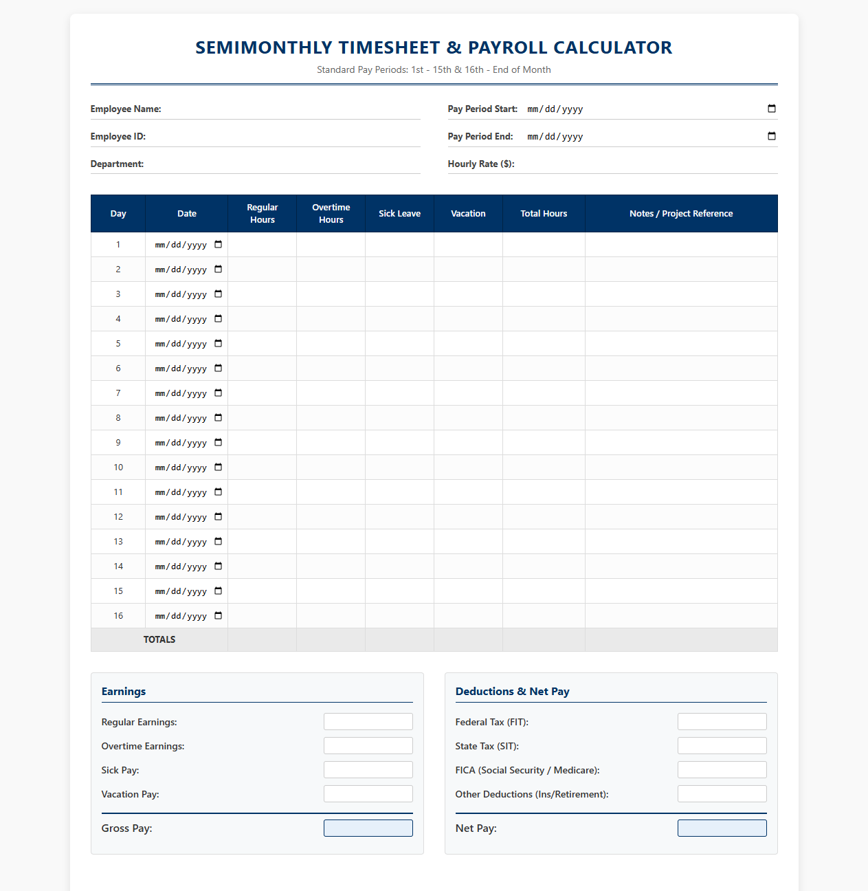 Semimonthly Pay Period Timesheet and Payroll Calculator