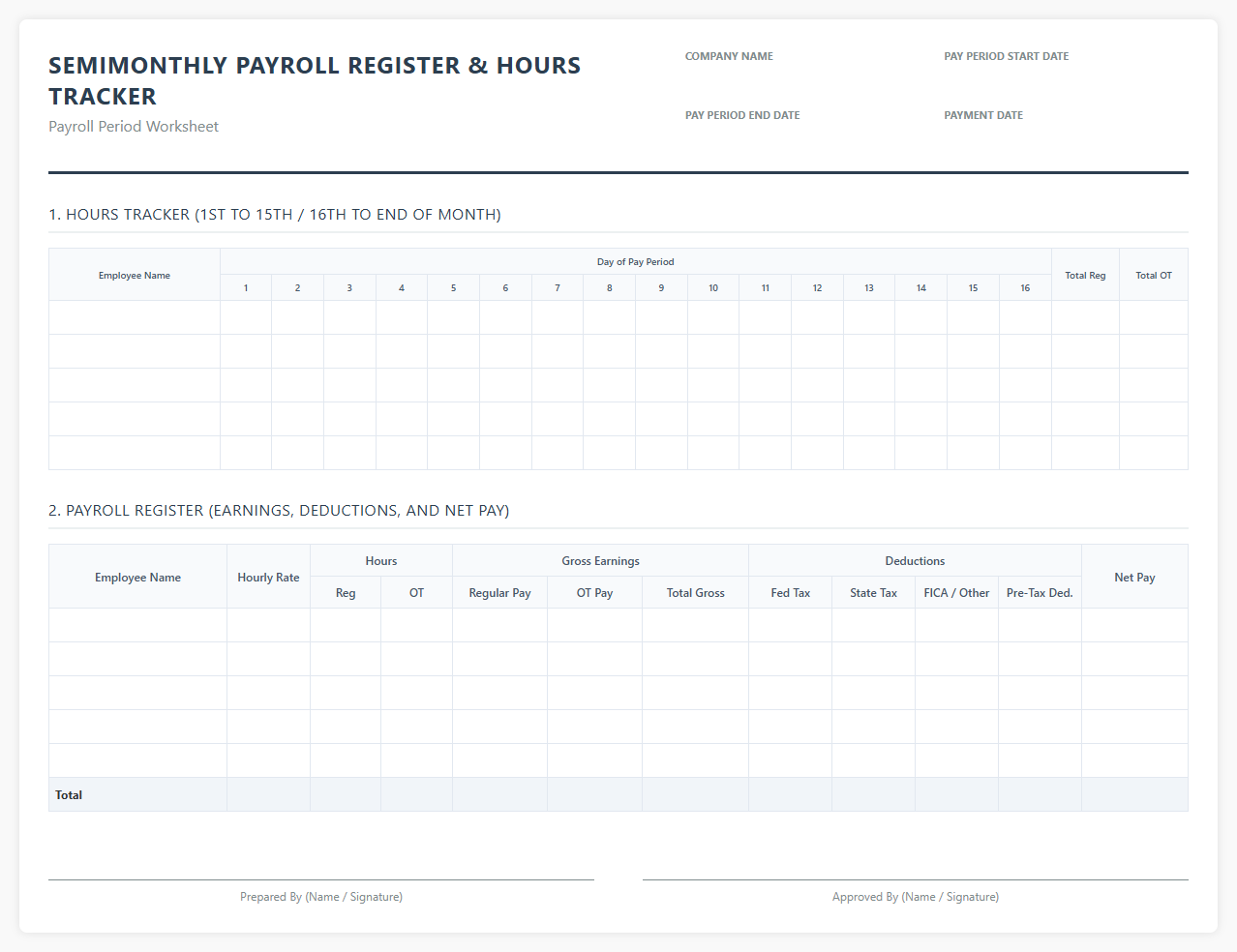 Semimonthly Payroll Register and Hours Tracker