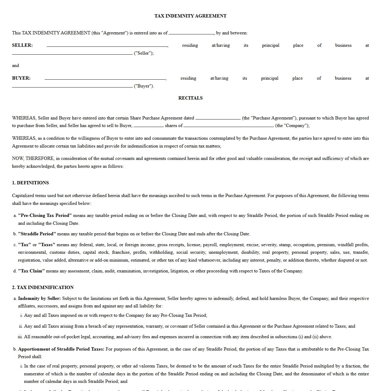 Share Purchase Tax Indemnity Agreement