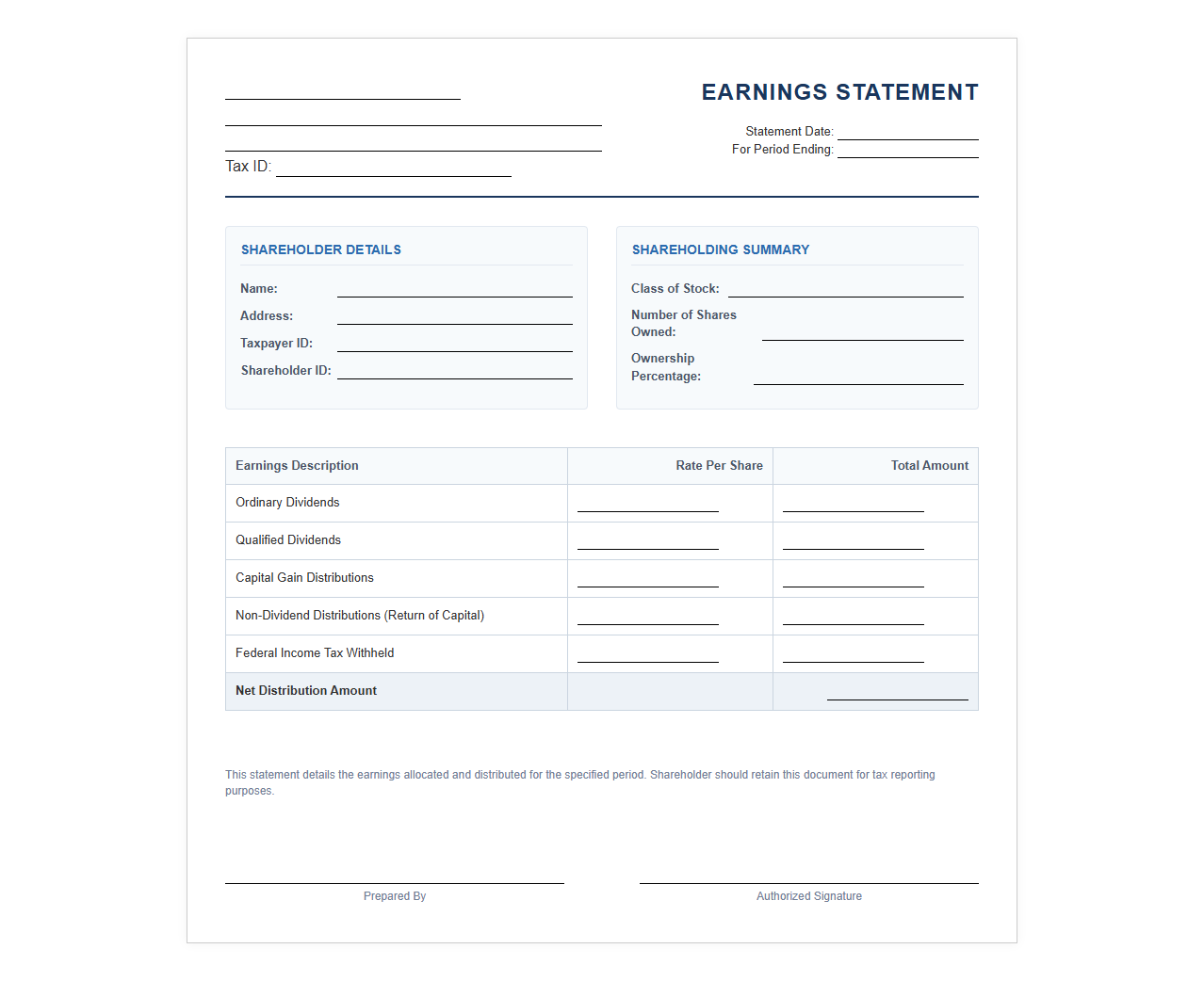 Shareholder Earnings Statement Template