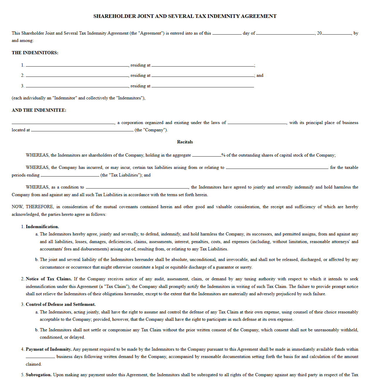 Shareholder Joint and Several Tax Indemnity Template