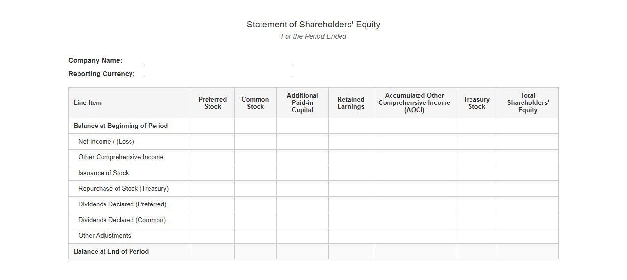 Shareholders Equity Statement Template