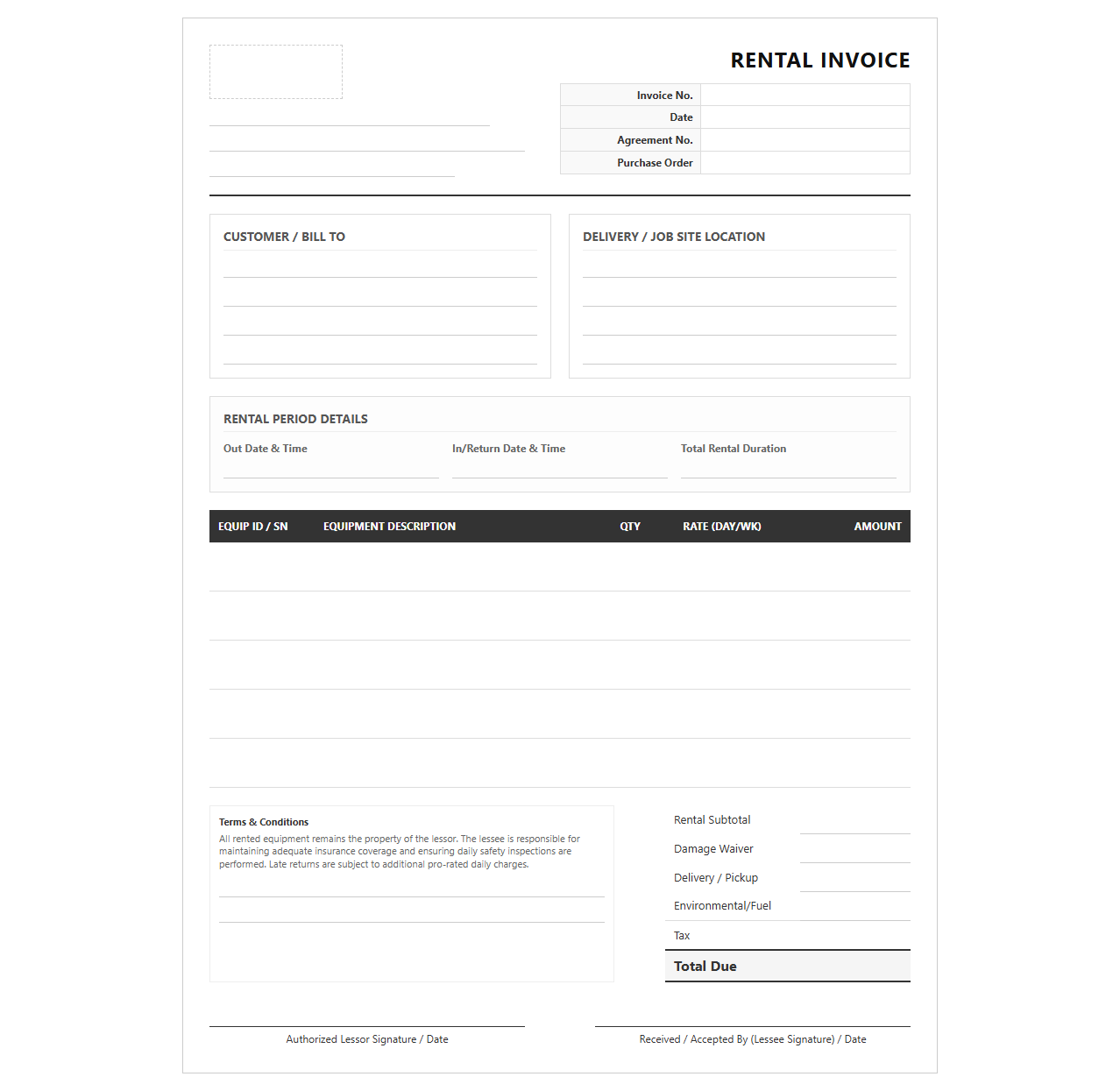 Short Term Commercial Equipment Rental Invoice