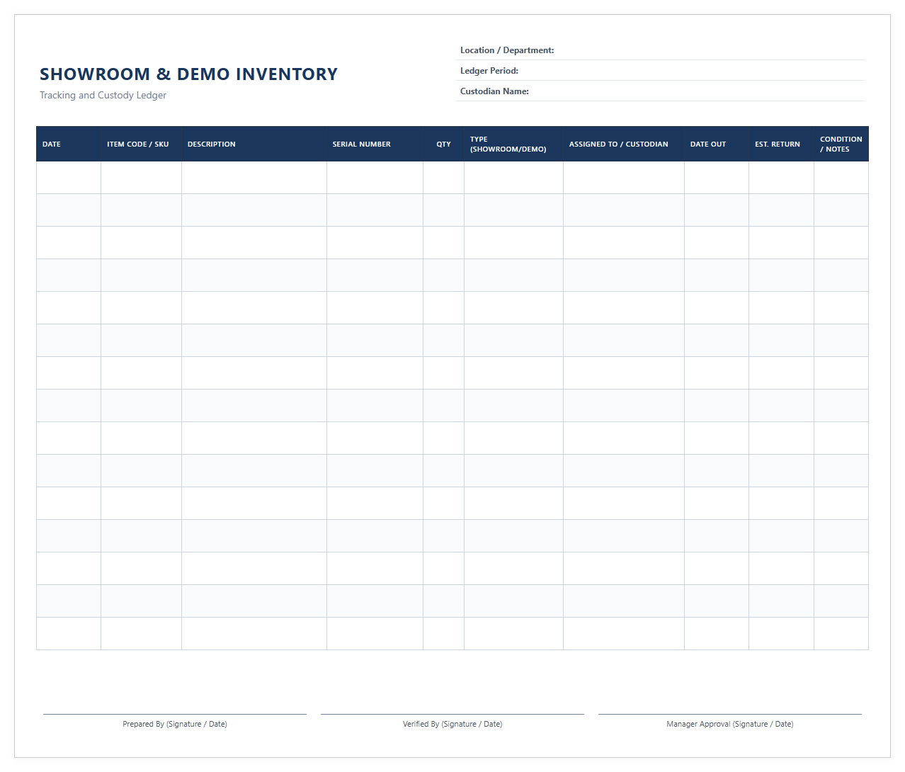 Showroom and Demonstration Inventory Ledger Template