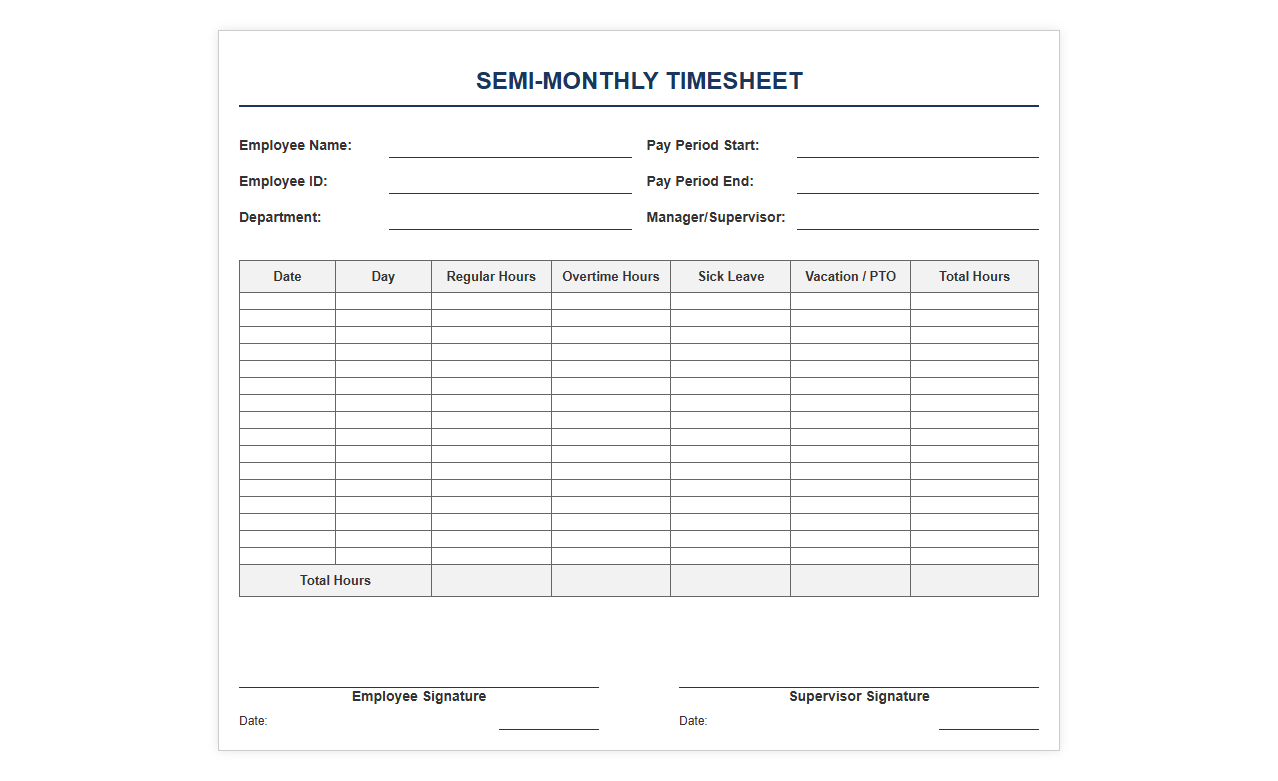 Simple Semi-Monthly Payroll Hours Tracking Template