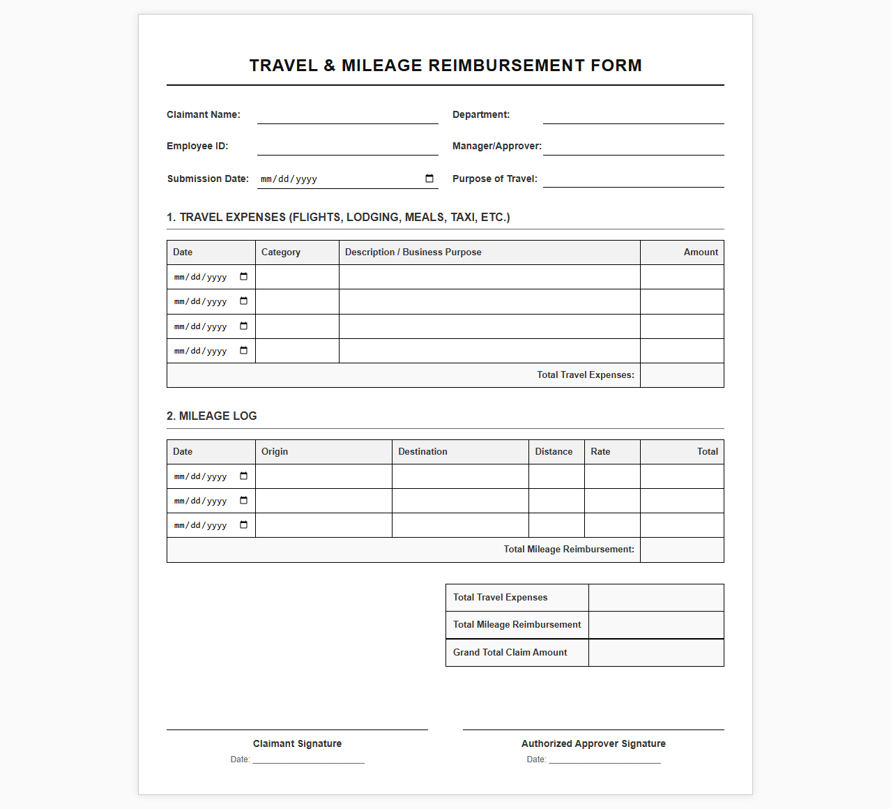 Simple Travel and Mileage Reimbursement Form