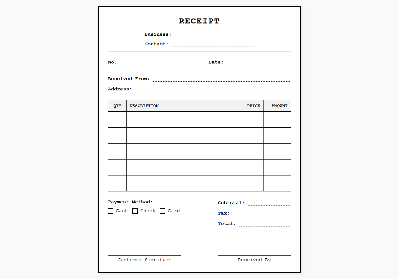 Small Business Hand Written Product Receipt