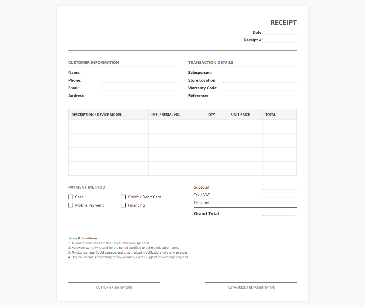 Smartphone Sales Transaction Receipt