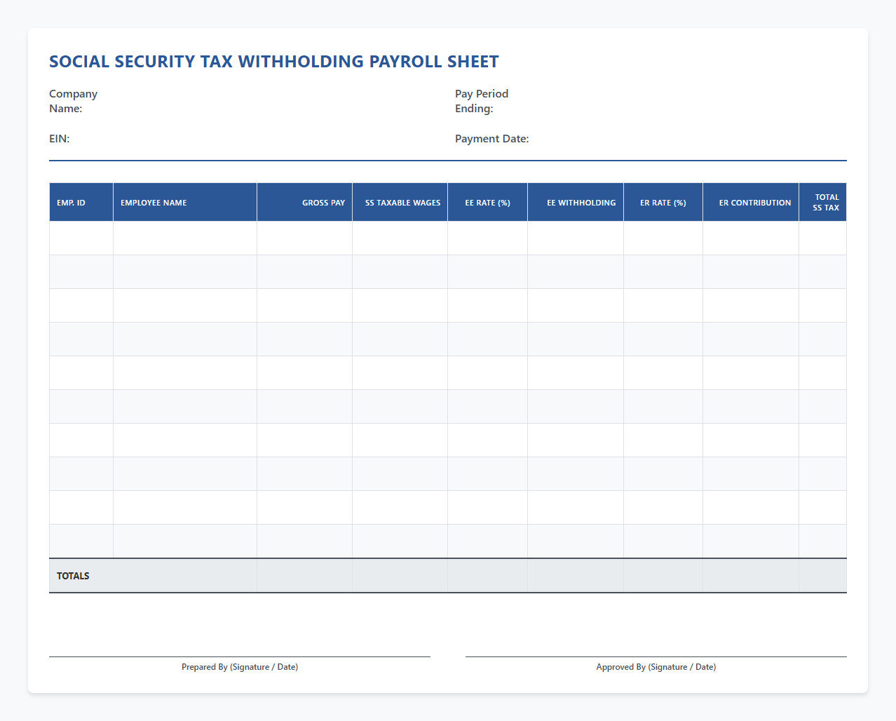 Social Security Tax Withholding Payroll Sheet