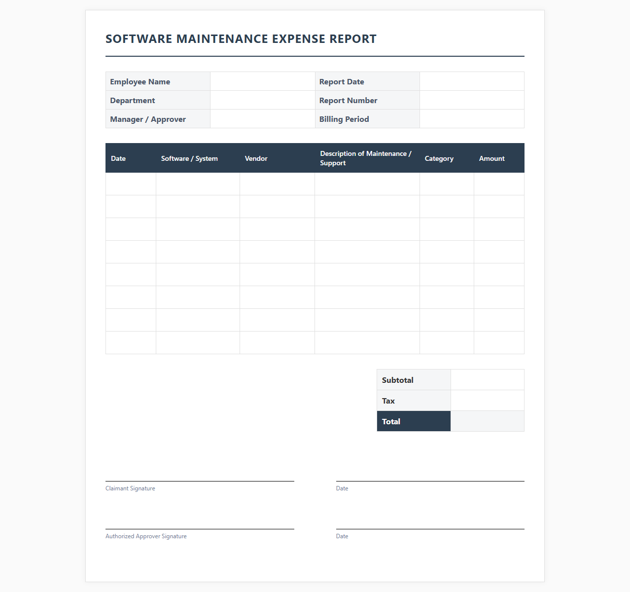 Software Maintenance Expense Report Template