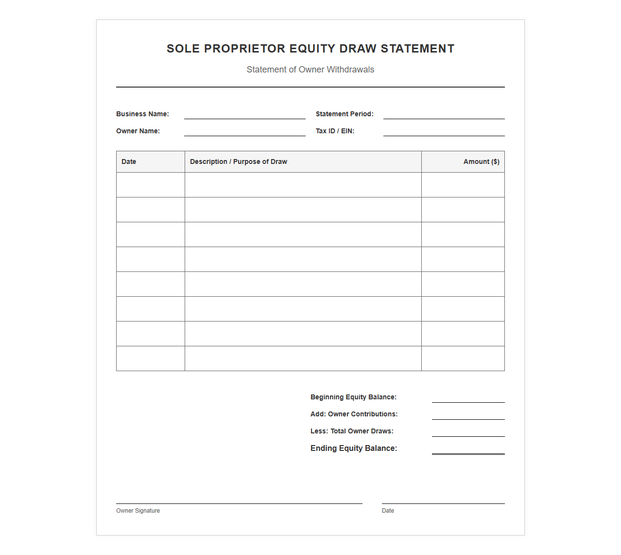 Sole Proprietor Equity Draw Statement