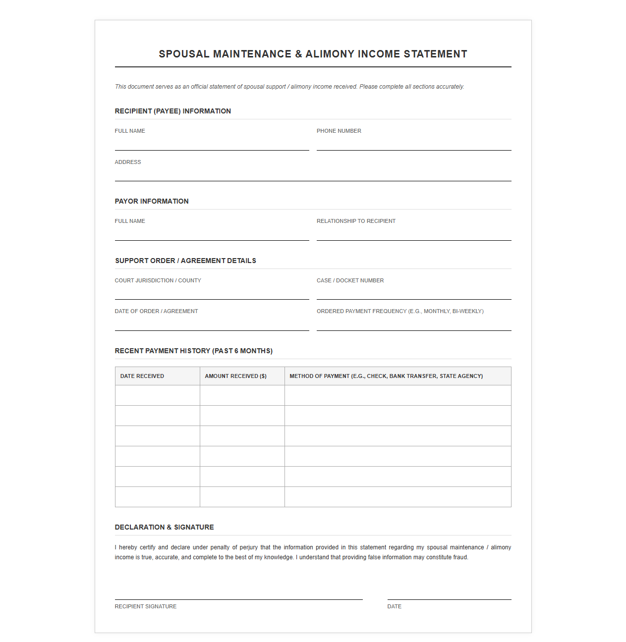Spousal Maintenance Income Statement Document