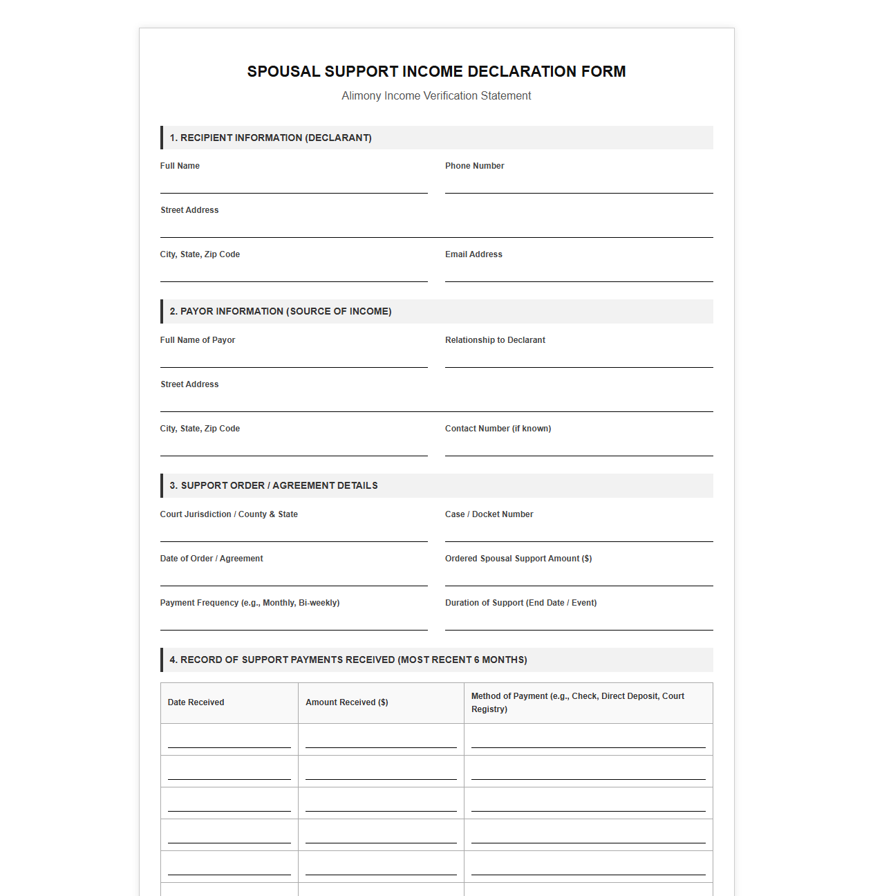 Spousal Support Income Declaration Form