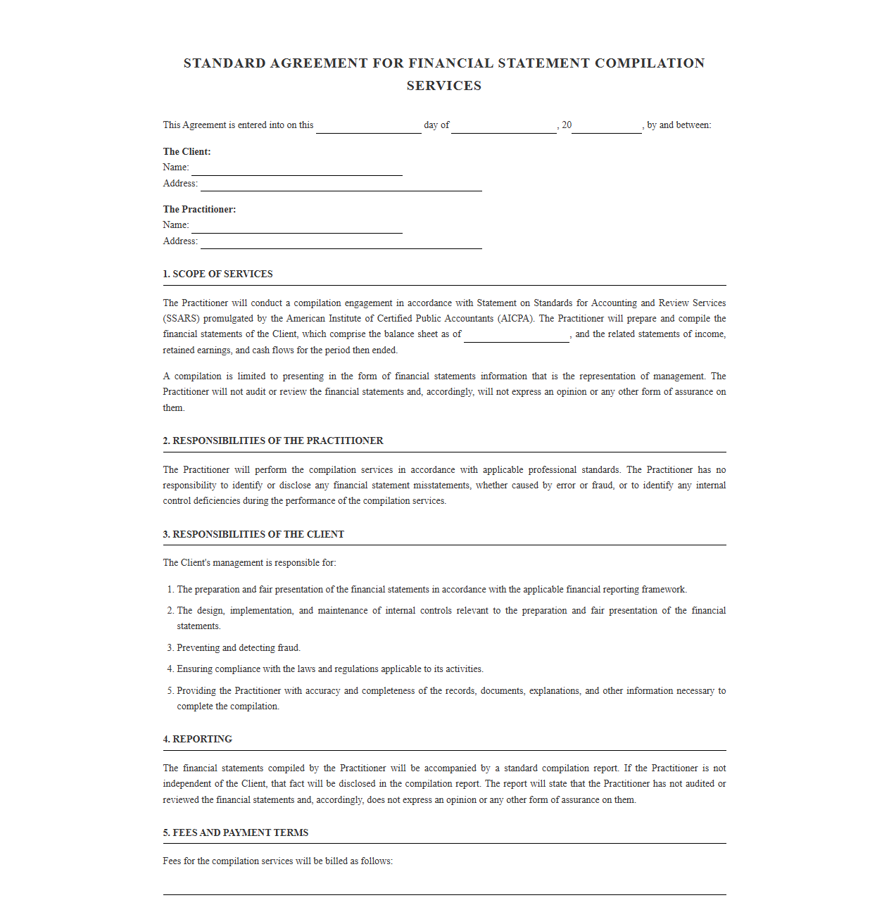 Standard Agreement for Financial Compilation Services
