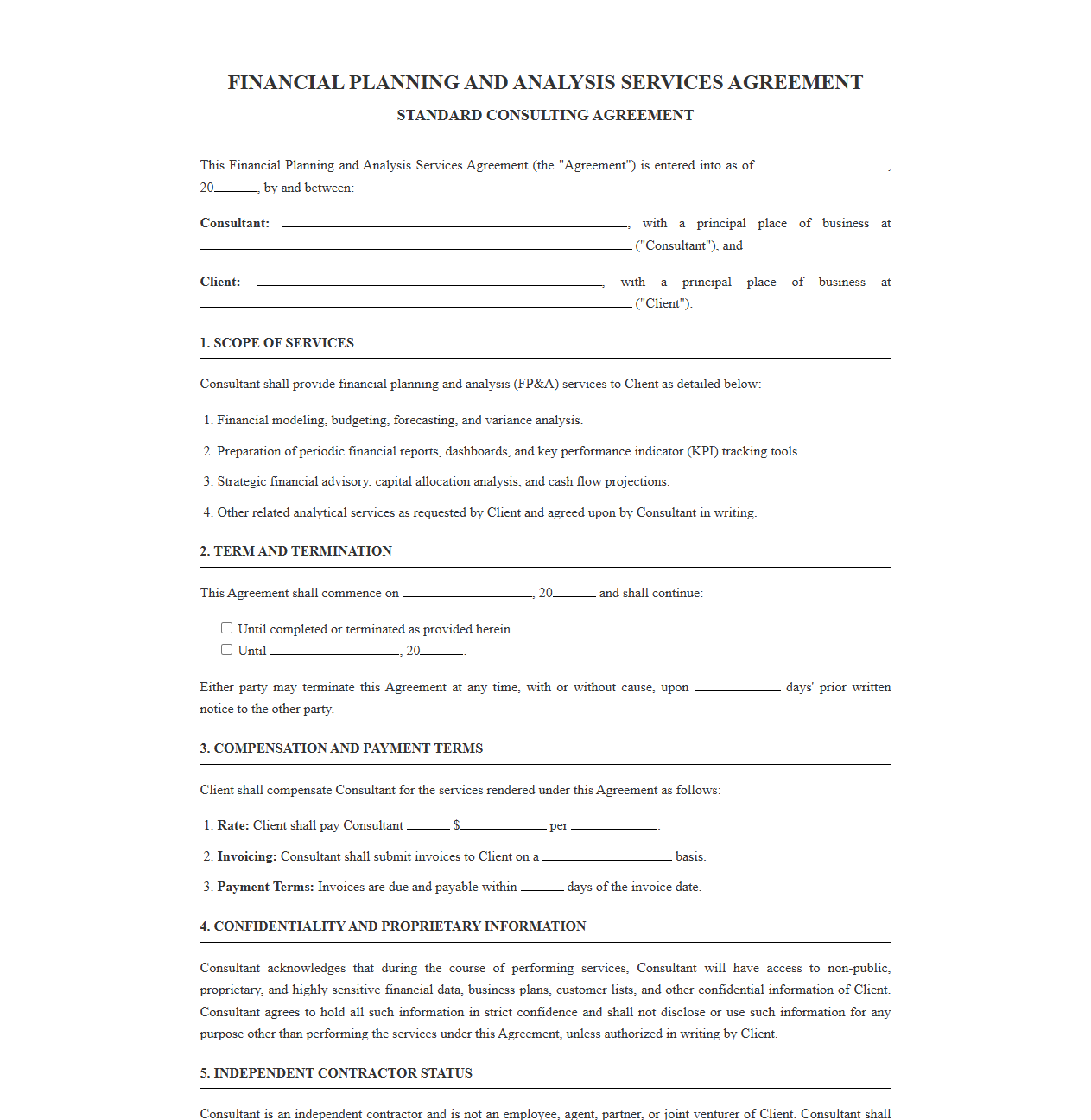 Standard FP&A Consulting Agreement Template