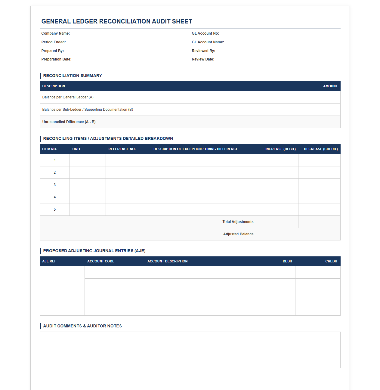 Standard General Ledger Reconciliation Audit Sheet