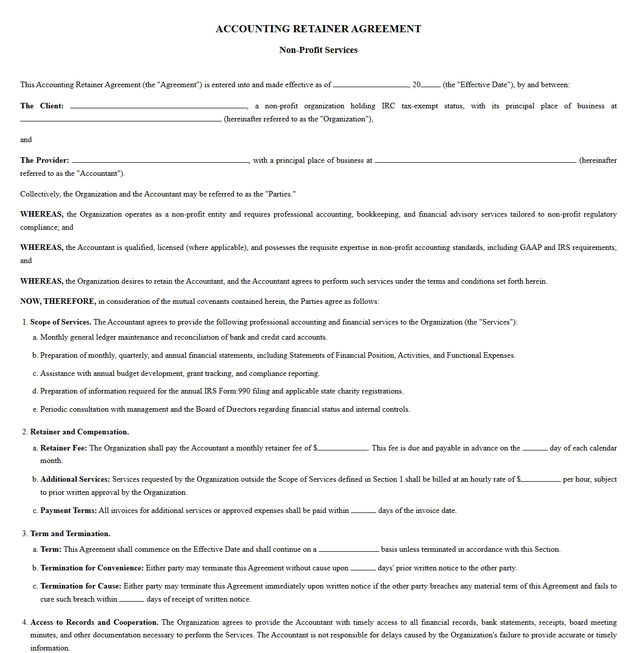 Standard Non-Profit Accounting Retainer Agreement