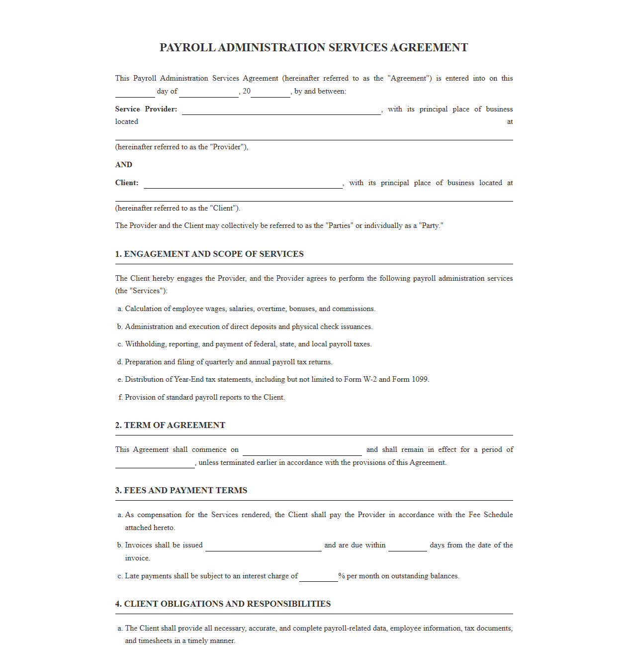 Standard Payroll Outsourcing Service Contract Template