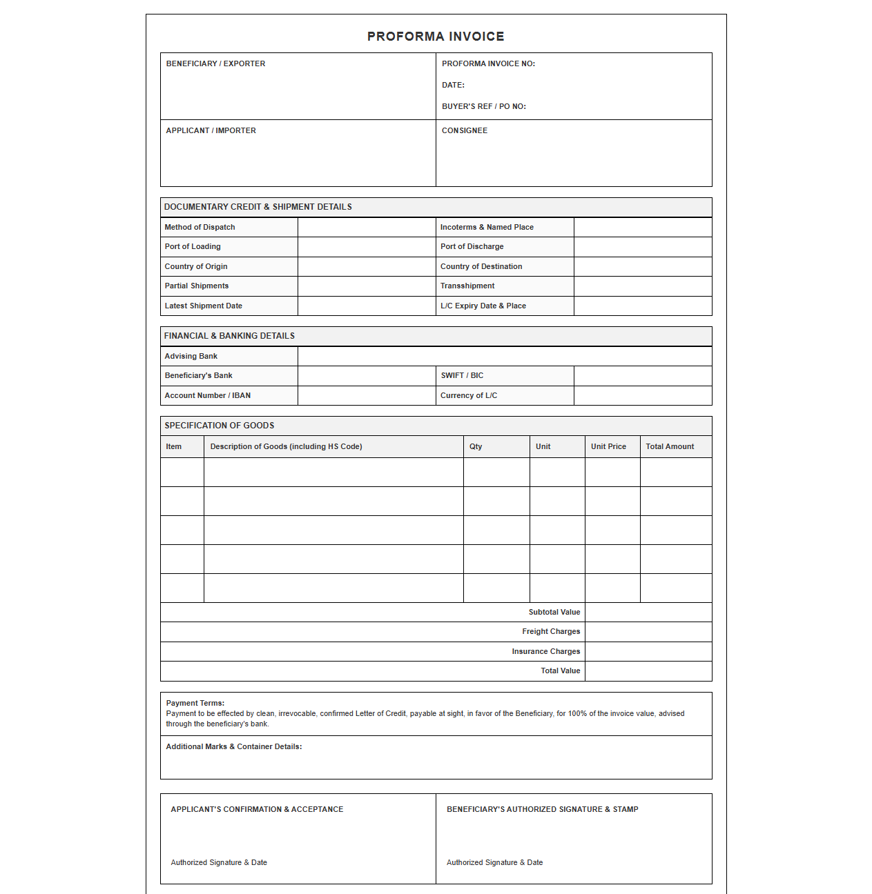 Standard Proforma Invoice for Documentary Credit