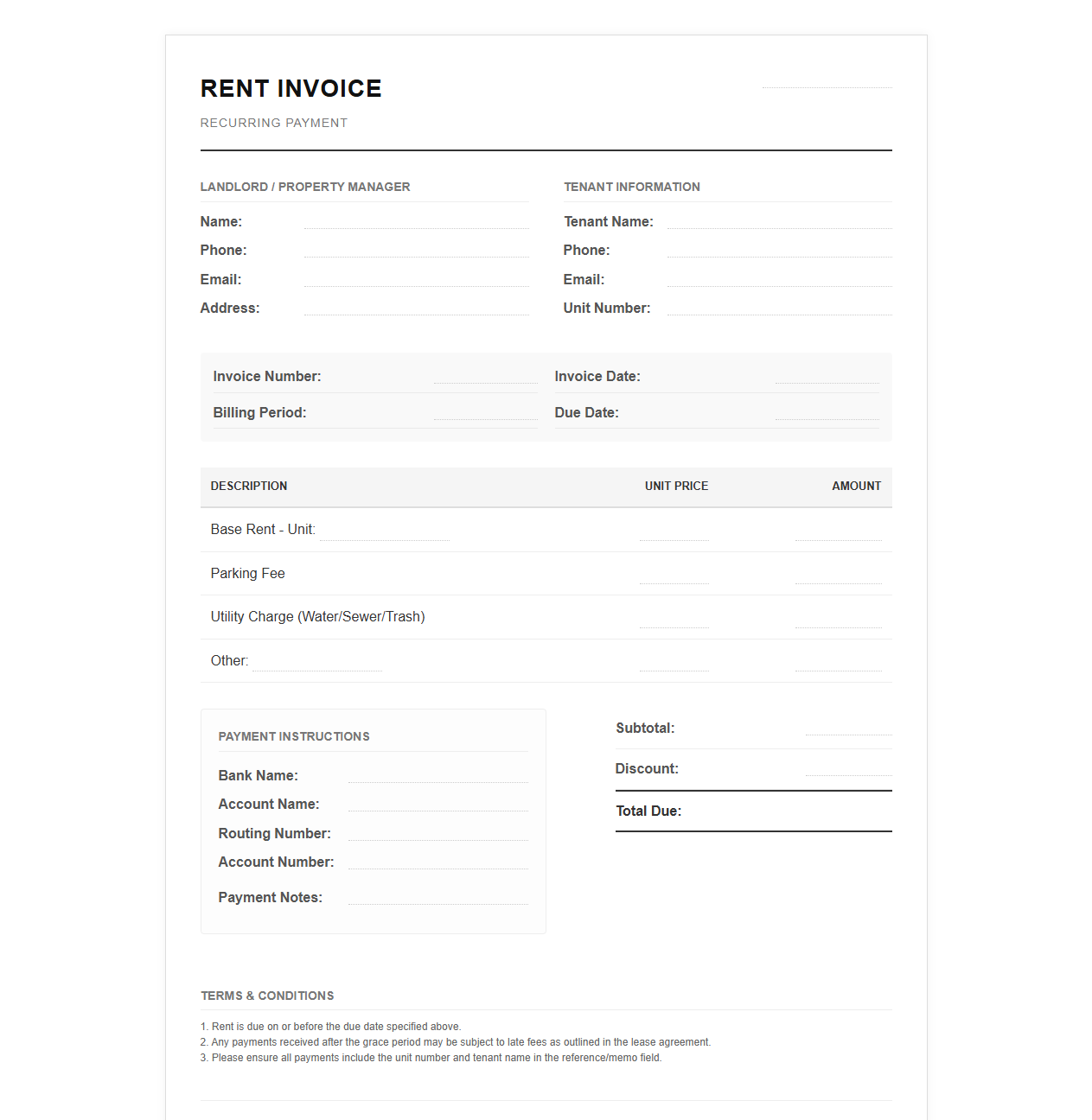 Standard Recurring Rent Invoice Document