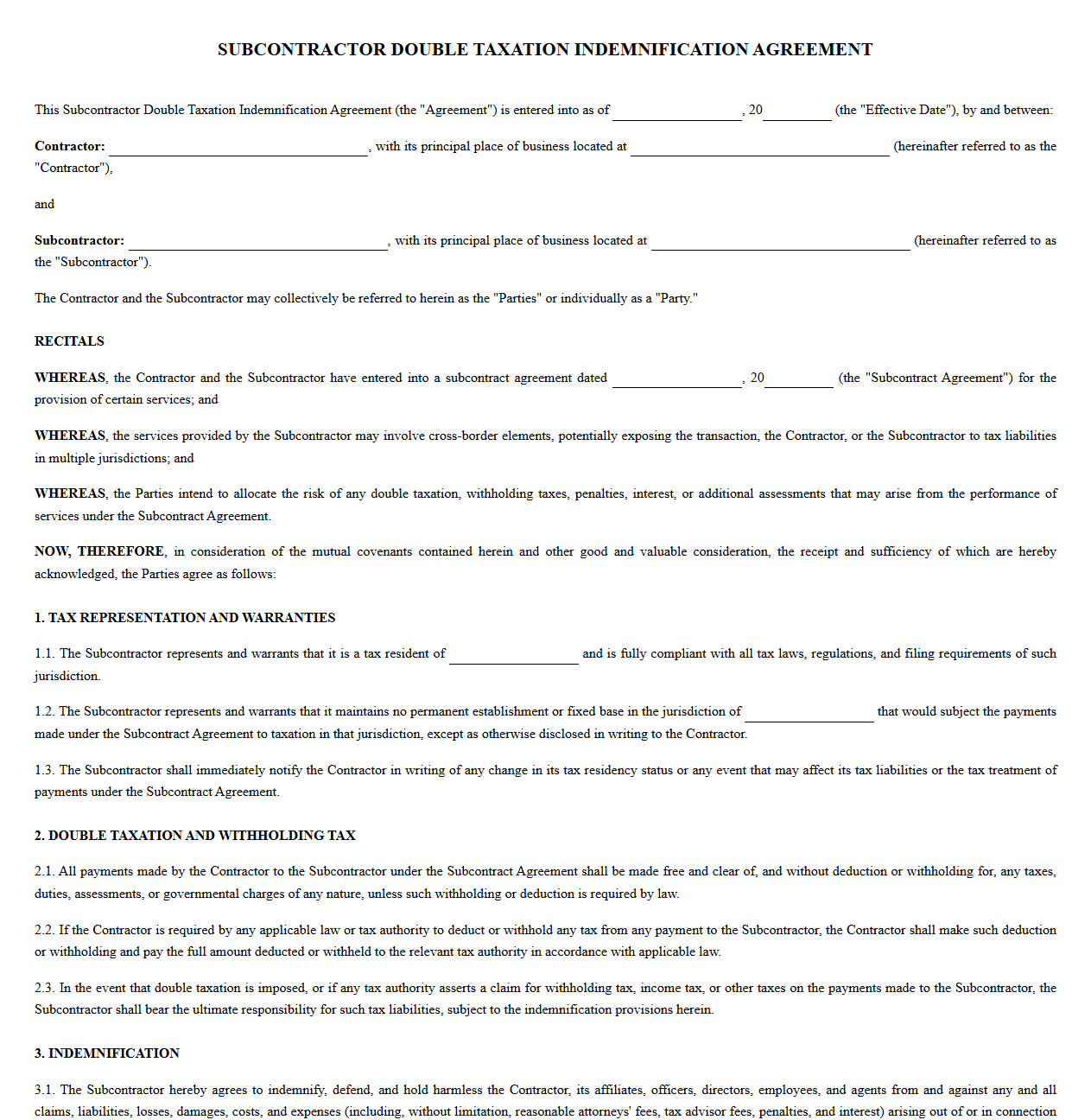 Standard Subcontractor Double Tax Indemnification Contract