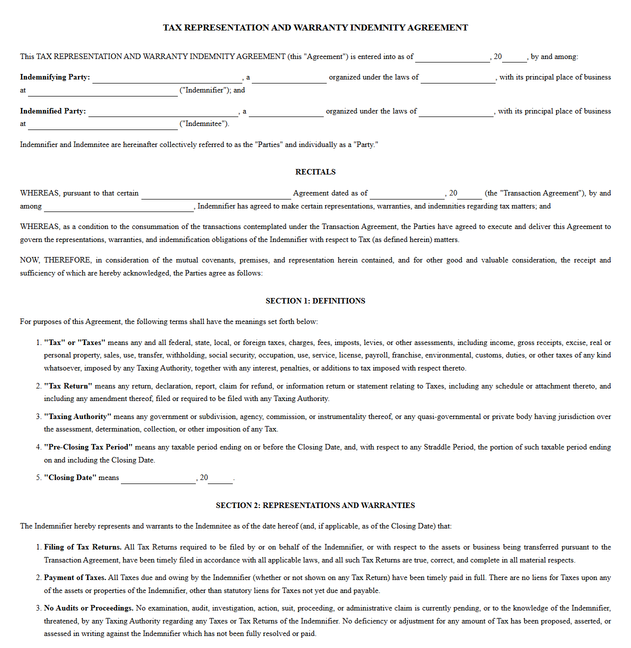 Standard Tax Representation and Warranty Indemnity Agreement