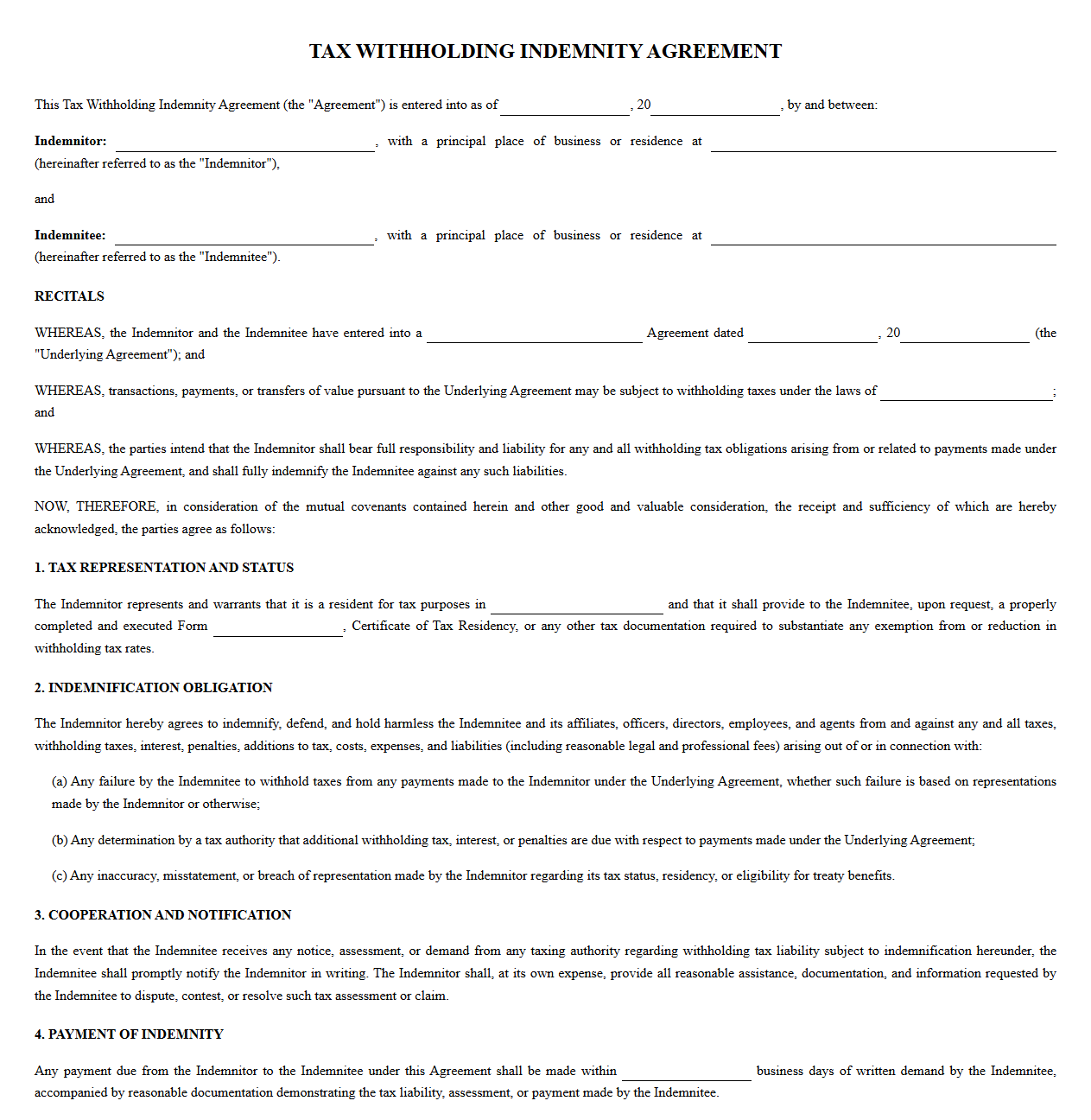 Standard Tax Withholding Indemnity Agreement
