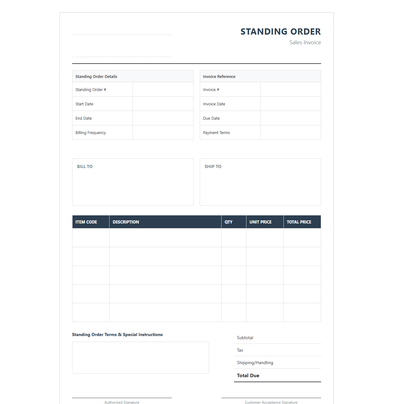 Standing Order Sales Invoice Format
