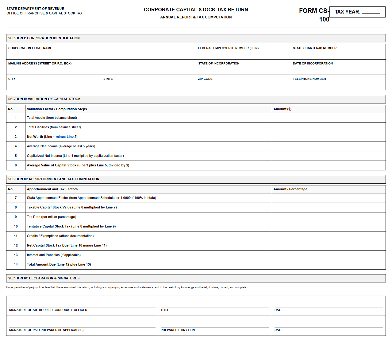 State Corporate Capital Stock Tax Return Template