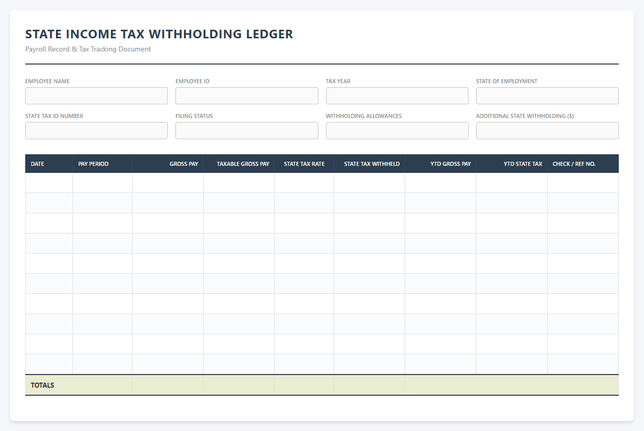State Income Tax Withholding Ledger Excel Template
