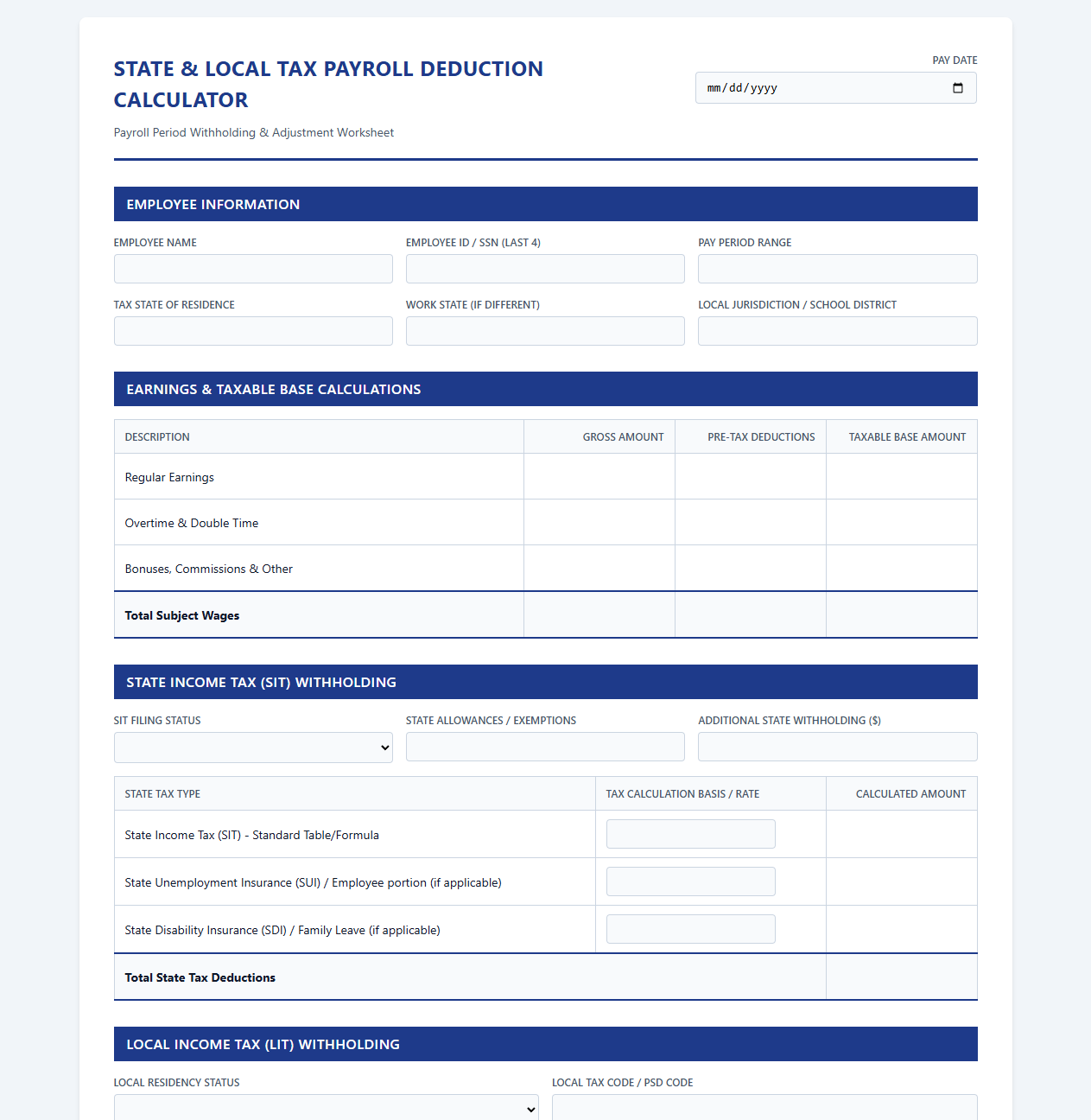 State and Local Tax Payroll Deduction Calculator