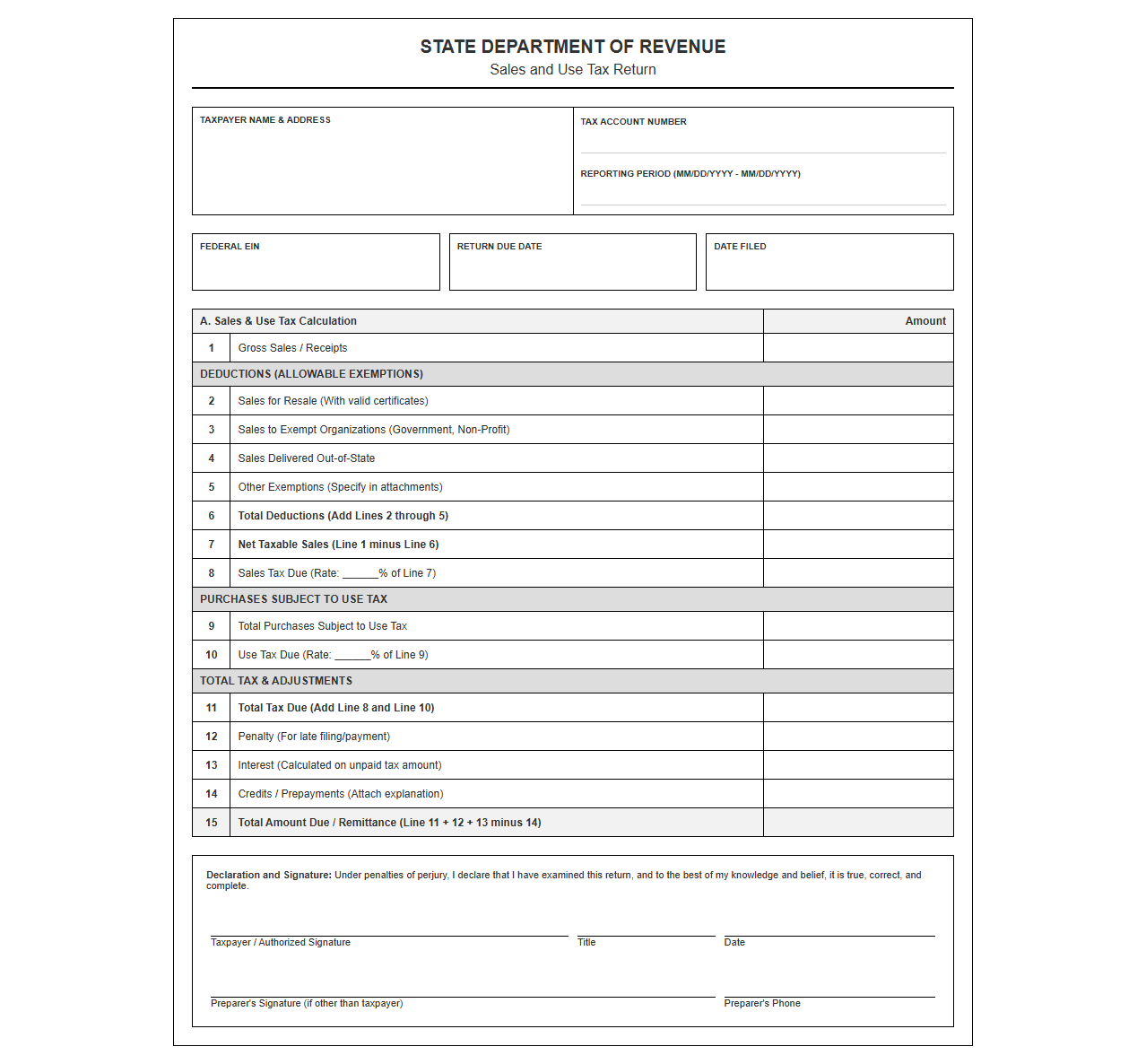 State Sales and Use Tax Reporting Template