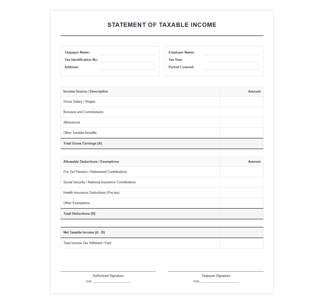 Statement of Taxable Income Template