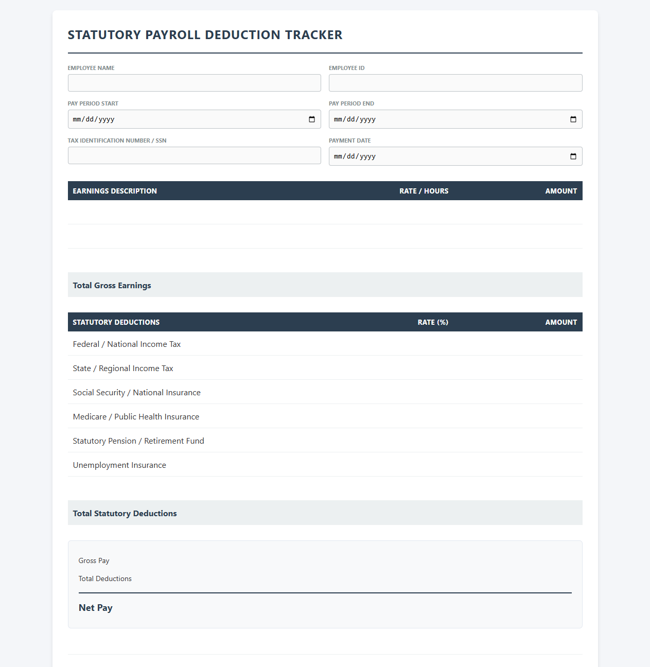 Statutory Payroll Deduction Tracker and Template