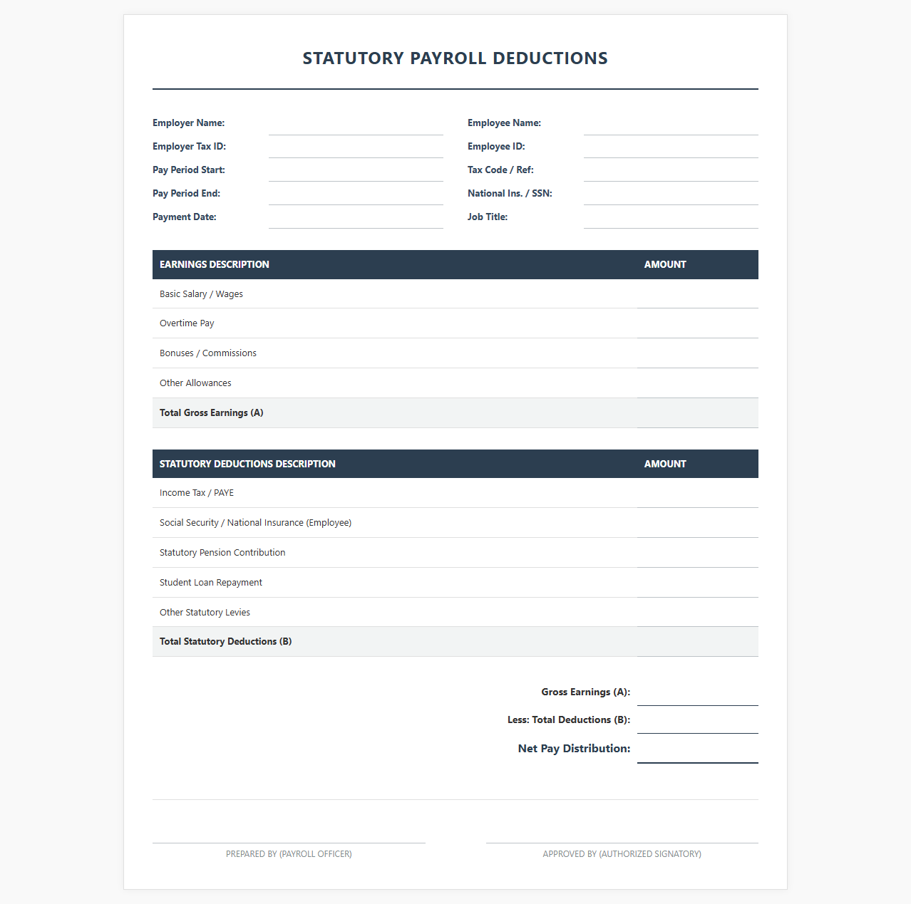 Statutory Payroll Deductions Template