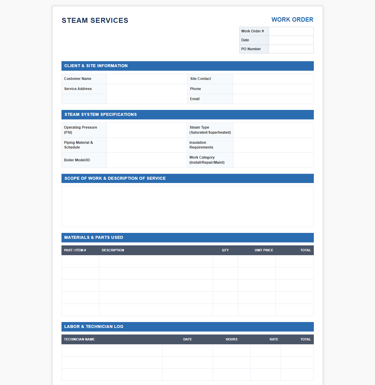 Steam Piping Installation and Service Work Order