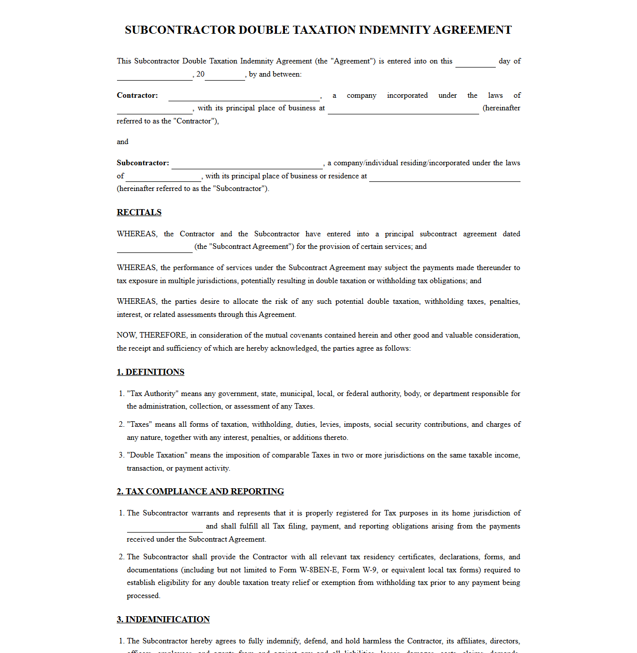 Subcontractor Agreement for Double Taxation Indemnity