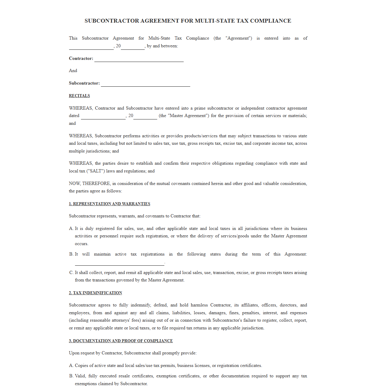 Subcontractor Agreement for Multi-State Tax Compliance