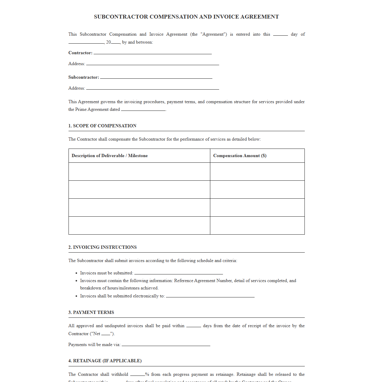 Subcontractor Compensation and Invoice Agreement