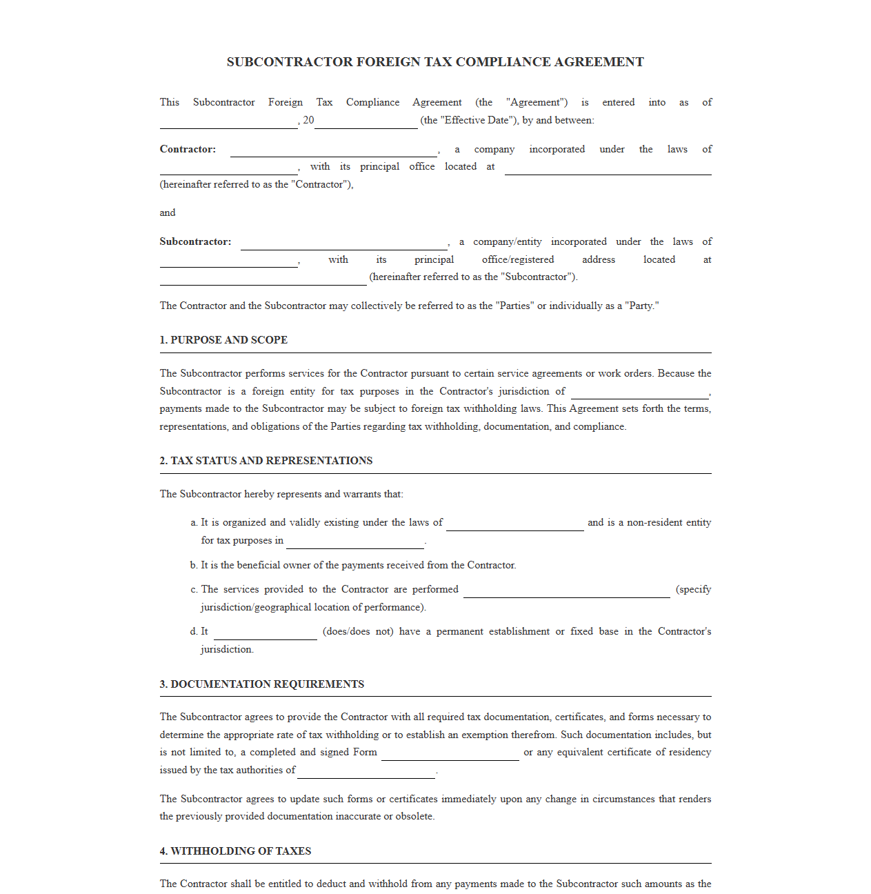 Subcontractor Foreign Tax Compliance Agreement
