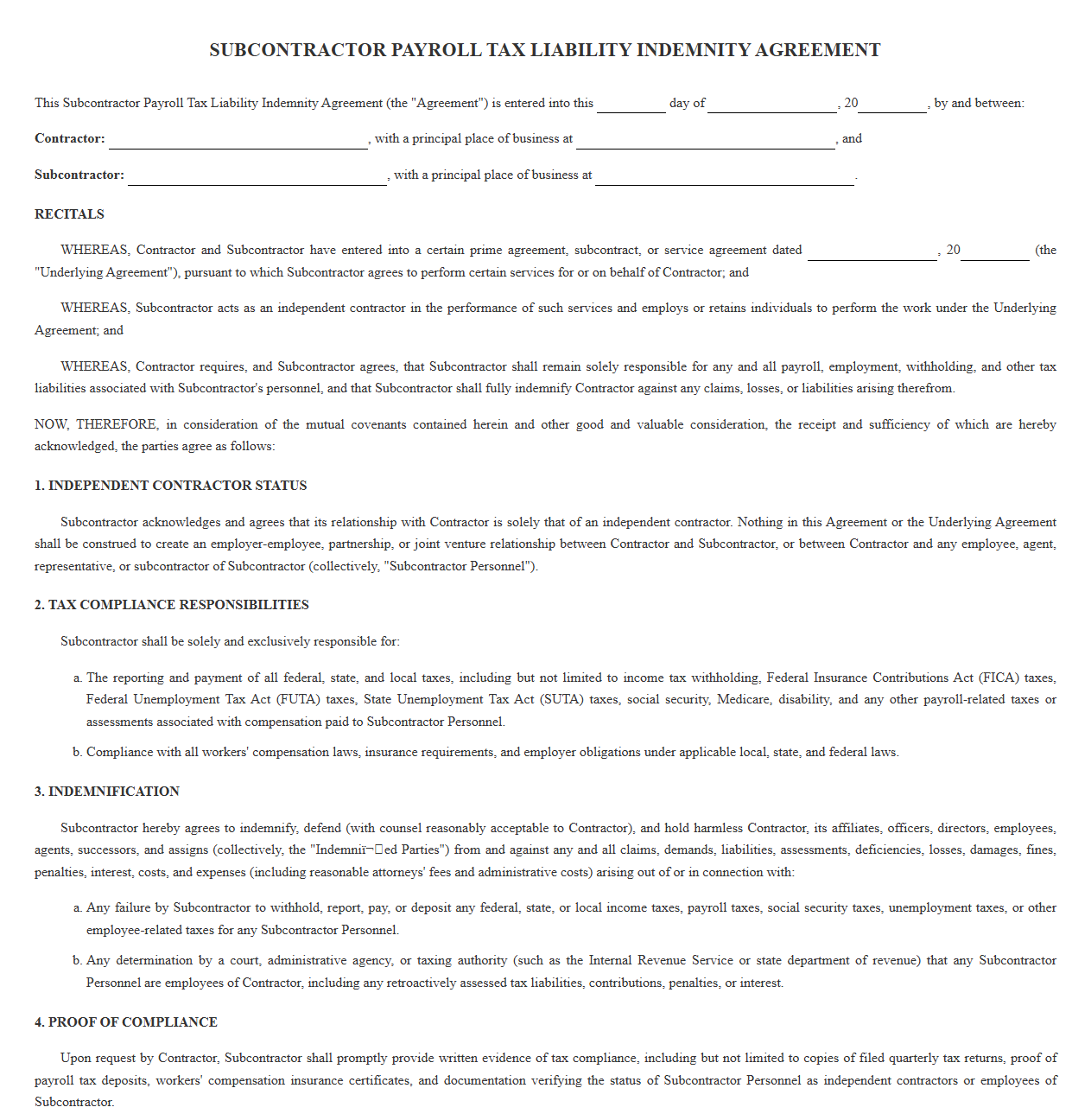 Subcontractor Payroll Tax Liability Indemnity Agreement