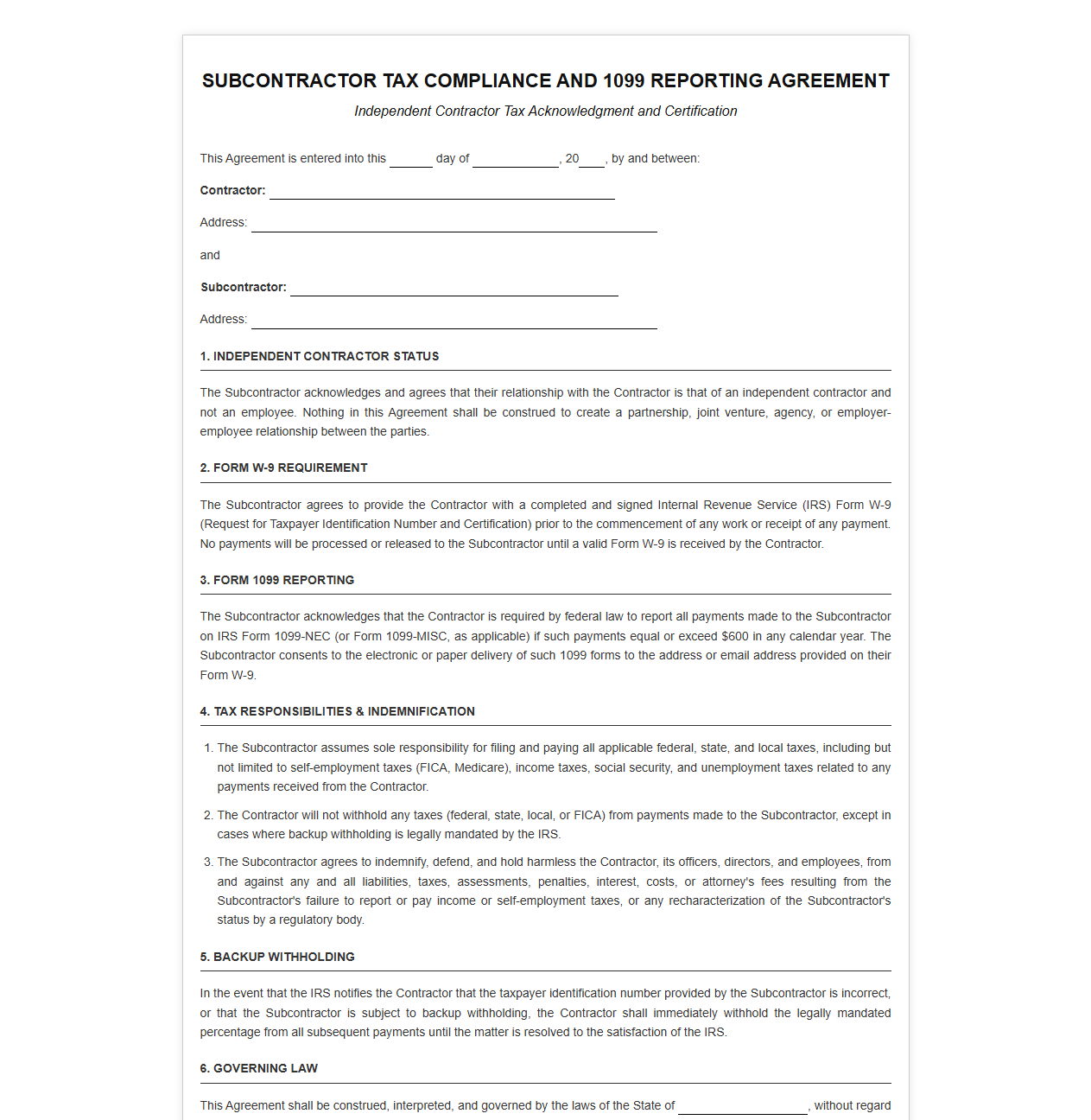 Subcontractor Tax Compliance and 1099 Reporting Contract
