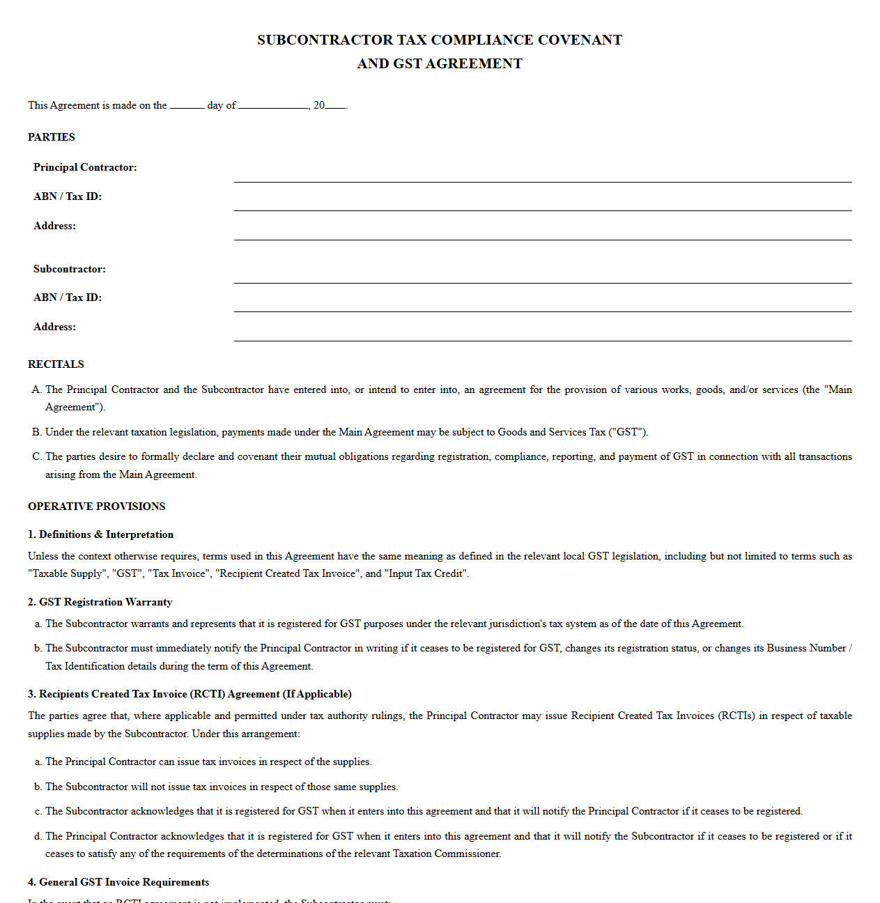 Subcontractor Tax Compliance Covenant and GST Agreement