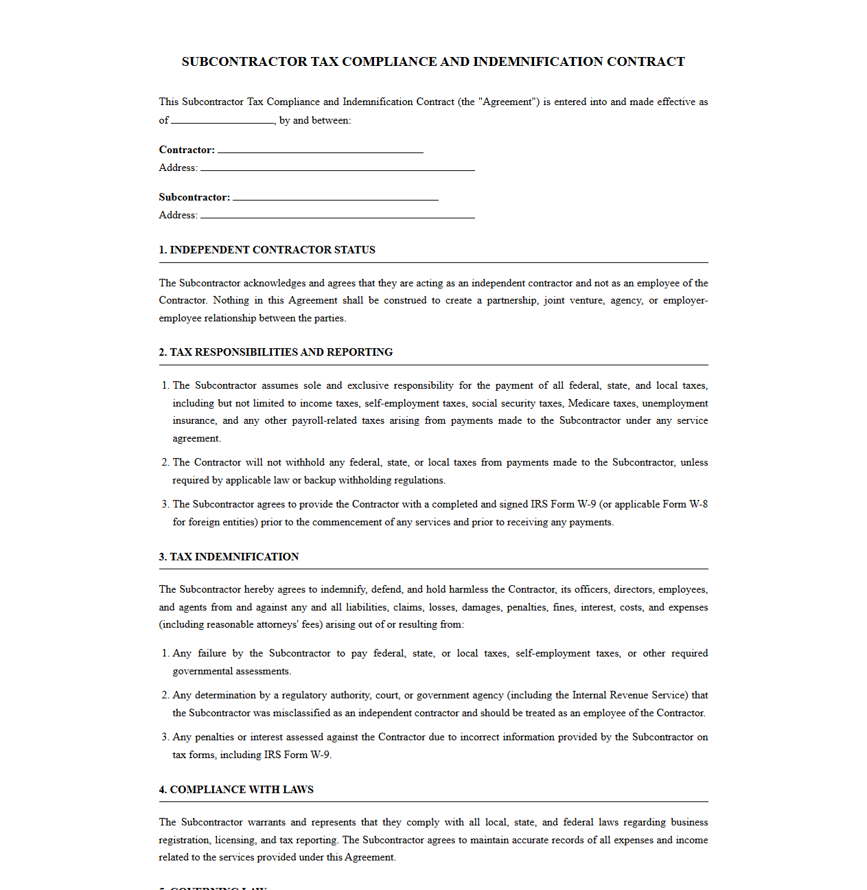Subcontractor Tax Compliance and Indemnification Contract