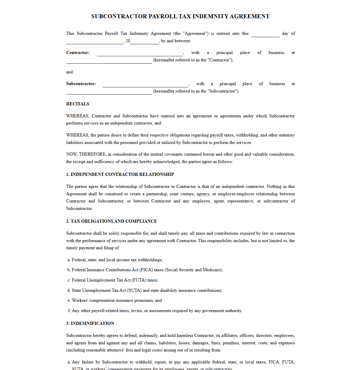 Subcontractor Tax Indemnity Agreement