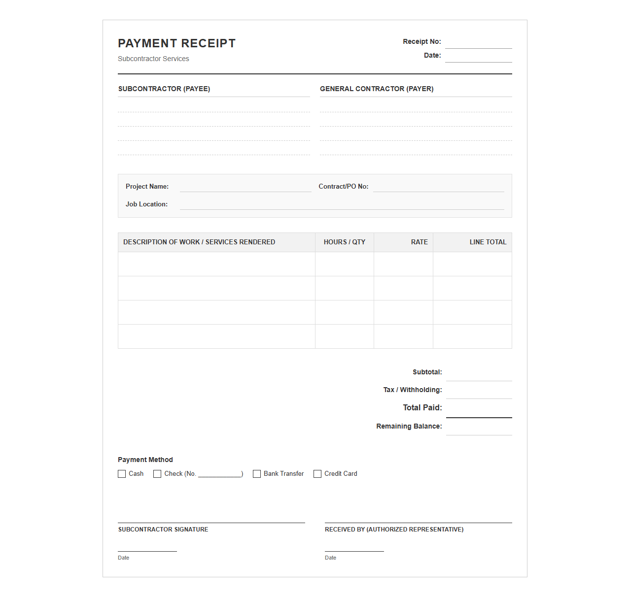 Subcontractor Work Payment Receipt Template